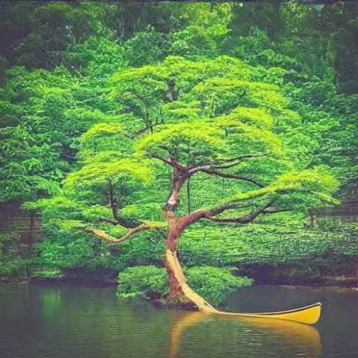 Prompt: “tree growing inside river nature vegetation fishes flowers butterflies power plant canoes”