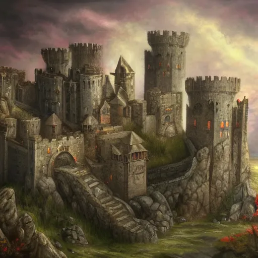 Image similar to The stone castle, d&d art, fantasy, painted, 4k, high detail, sharp focus