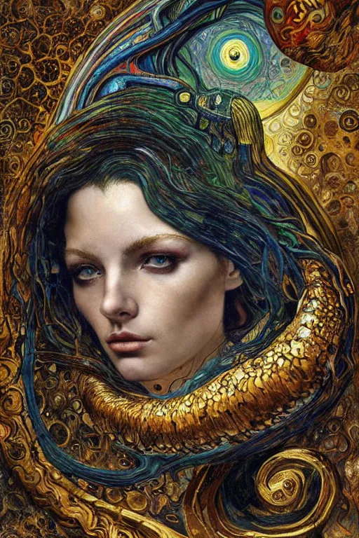 Image similar to Rebirth by Karol Bak, Jean Deville, Gustav Klimt, and Vincent Van Gogh, mysterious portrait of a sacred serpent, Surreality, radiant halo, shed iridescent snakeskin, otherworldly, fractal structures, celestial, arcane, ornate gilded medieval icon, third eye, spirals