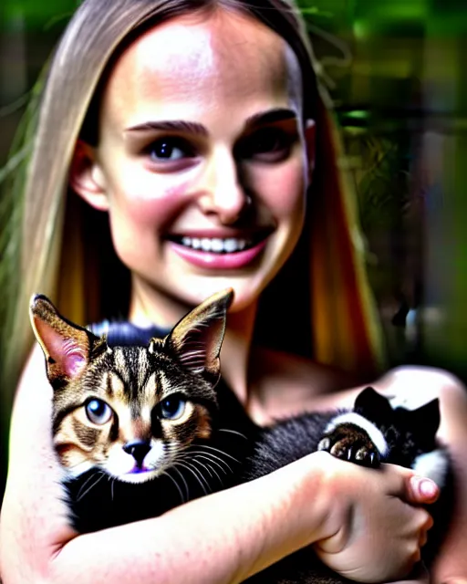 Image similar to a girl looking like natalie portman, holding a robotic kitten. 8k, sharp high quality