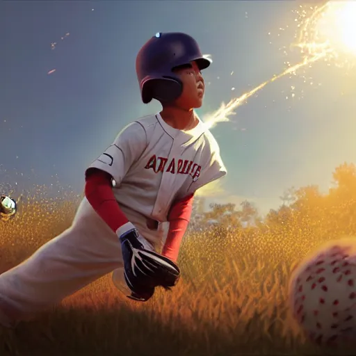 Image similar to a boy hitting a homerun in a baseball game on an idyllic beautiful summer day. Close up. Asian boy with black hair and green eyes. Lens flare. Golden hour. Craig Mullins. Ruan Jia Makoto shinkai.