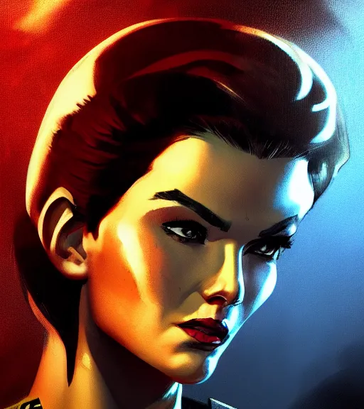 Image similar to fallout 5, concept art brunette female enclave officer portrait, concept art, comicstyle, atmospheric lighting, painted, intricate, volumetric lighting, beautiful, rich deep colors masterpiece, sharp focus, ultra detailed by jack kirby, ignacio fernandez rios, thierry doizon