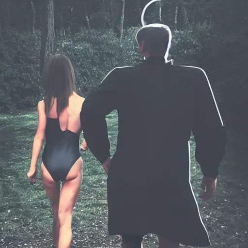 Prompt: A ghoul walking behind a priest wearing swimsuit