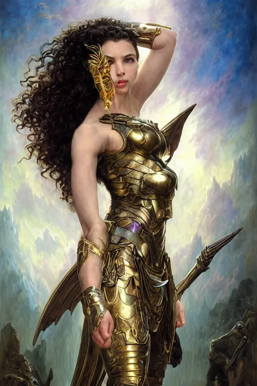 Image similar to Mystical Valkyrie, Gal Gadot, hybrid, Anya Taylor-Joy, Portrait of a beautiful female Reptilian warrior, Regal, Realistic, Refined, Detailed Digital Art, Josephine wall, Oil Painting, William-Adolphe Bouguereau, Art Frahm, Esao Andrews, Steampunk, Walt Disney (1937), Highly Detailed, Cinematic Lighting, Unreal Engine, 8k, HD