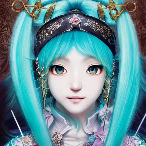 Prompt: a beautiful portrait of hatsune miku as a wizard, fantasy, intricate, elegant, highly detailed, digital painting, artstation, concept art, matte, sharp focus, illustration, art by jacque - louis david, baroque style