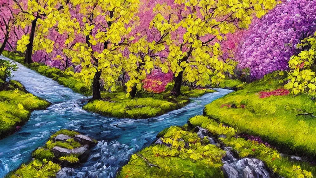 Prompt: A beautiful landscape oil painting of a hill with trees, a person is walking trhough the river and anoter person is sitting under a tree, the spring has arrived and the trees are blooming and covered with yellow, pink, purple and red flowers, the river come from the waterfall and is zigzagging and flowing its way, the river has lots of dark grey rocks, by Greg Rutkowski