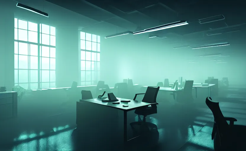 Image similar to office, horror scene, fluorescent lighting, eerie volumetric-lighting-style atmosphere, futuristic atmosphere, intricate, detailed, photorealistic imagery, artstation