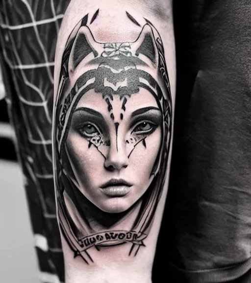 Image similar to tattoo design of a beautiful girl warrior under a tiger head, hyper realistic, realism tattoo, by eliot kohek, beautiful eyes, realistic face, black and white, white background