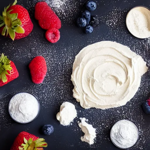 Prompt: a countertop covered in flour, cream, berries, dough and mess, 4 k, hd