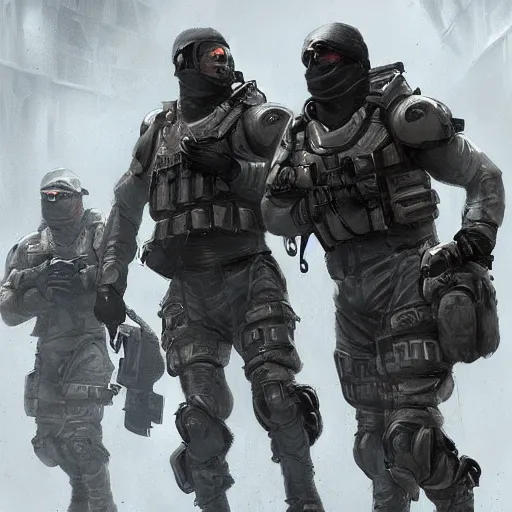 Image similar to Mercenary Special Forces in grey uniforms with black armored vests rescuing wounded comrades in 2020, by Cedric Peyravernay, highly detailed, excellent composition, cinematic concept art, dramatic lighting, trending on ArtStation