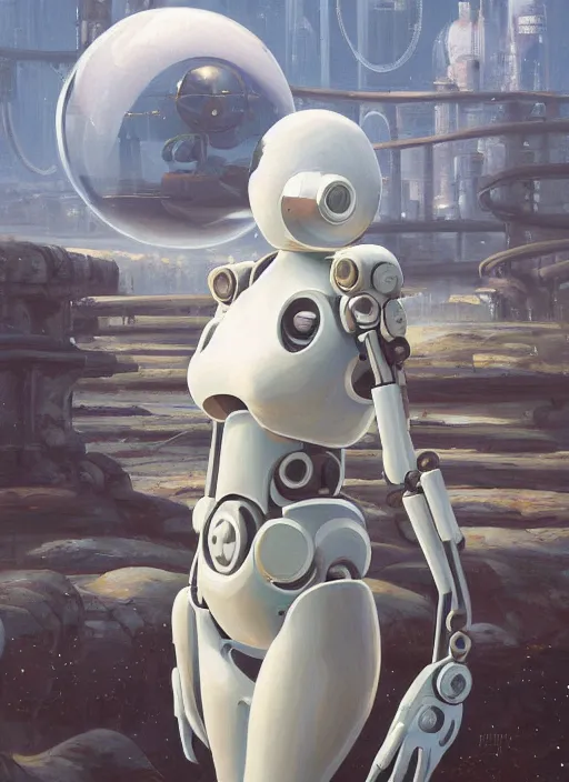 Image similar to an intricate oil painting of a giant pristine white humanoid curvy feminine figure bubble mech with rounded components by simon stalenhag, inspired by nier : automata, clean white lab background