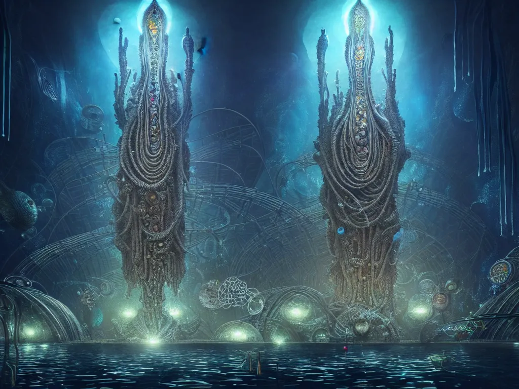 Prompt: highly detailed render of under water dark alien city with spirits floating, trending on deviantart, neo surrealism, sharp focus, a lot of little details, lens flare, epic render, magical composition, deep color scheme, ornate, intricate, octane, masterpiece, art by ernst haeckel and android jones and alex grey