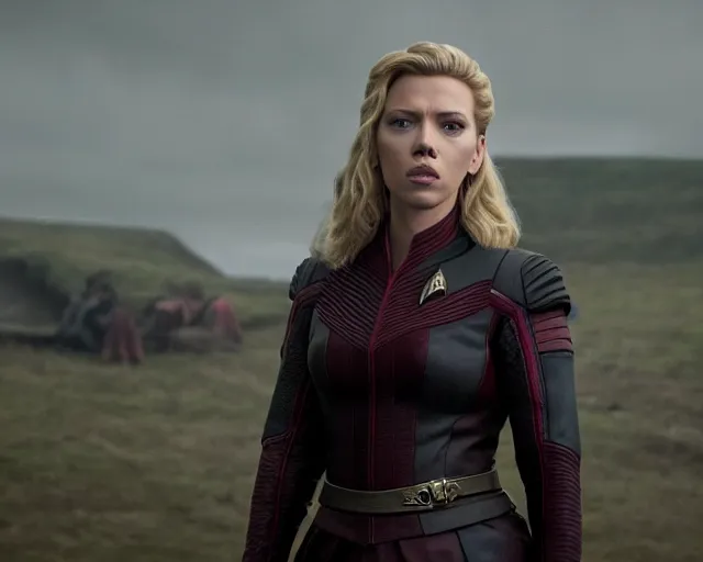 Image similar to starfleet uniform, scarlett johansson, in starfleet uniform, playing lagertha in a scene from the tv series vikings, directed by christopher nolan