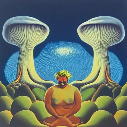 Image similar to 8 0 s new age album cover depicting a mushroom cloud in the shape of guy fieri, very peaceful mood, oil on canvas by mc escher