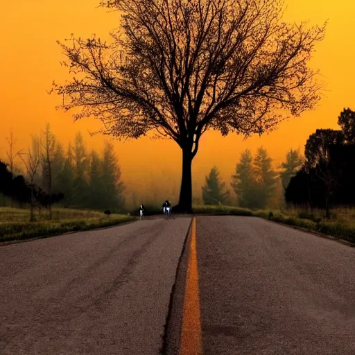 Prompt: sunse, tree silhouettes, ghostly people, small town, nostalgic town, trees over roads