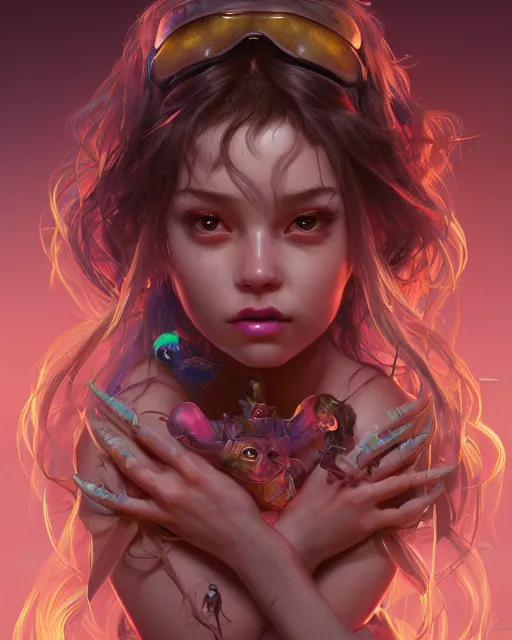 Image similar to portrait of a cute female creature, bioluminescent, claws, horror, happy, highly detailed, digital painting, cinematic, hyperrealism, dark retrowave, art by stanley lau and artgerm and magali villeneuve and alphonse mucha, artstation, octane render, cgsociety