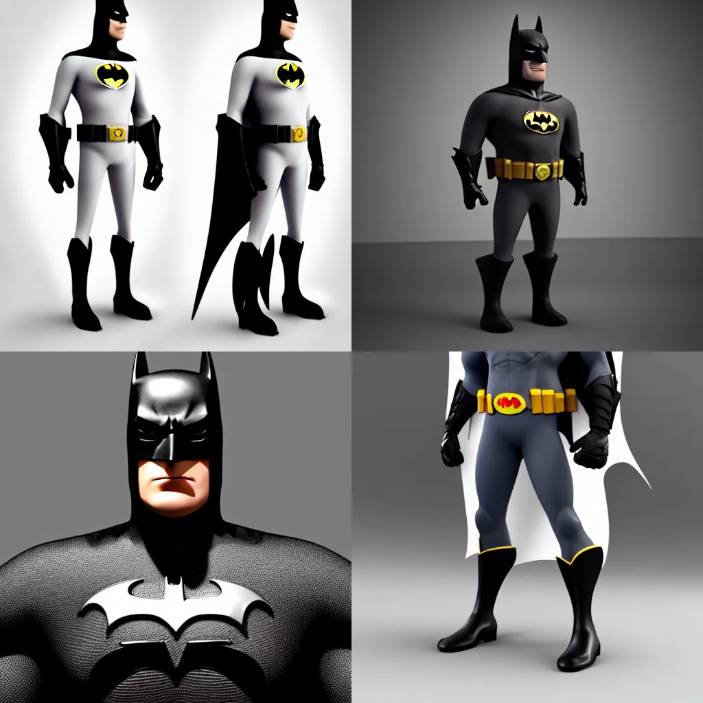 Prompt: full body 3d render of Batman as a Pixar Character, studio lighting, white background, blender, trending on artstation, 8k, highly detailed