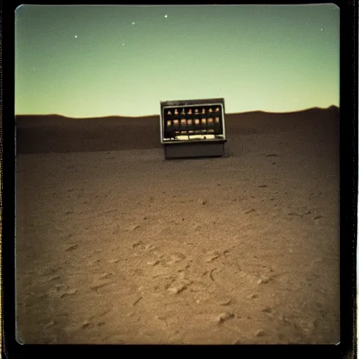 Image similar to a distant slot machine in the middle of a desert at night, very dark, dark lighting, old polaroid, damaged film, expired film, slightly blurry, liminal space, surreal,