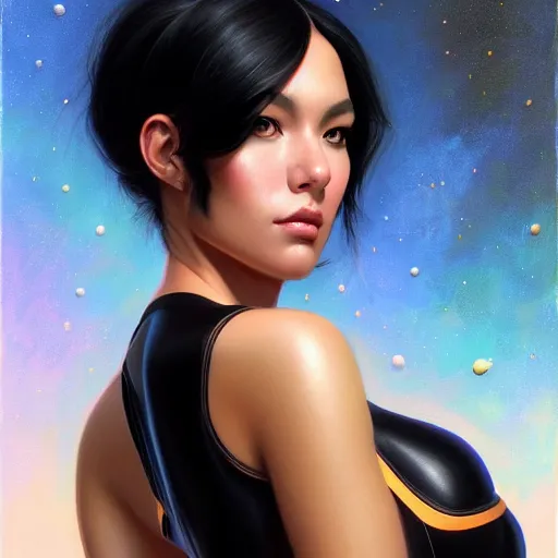 Image similar to a portrait of a very beautiful woman in a spacesuit, Alexandria's genesis, shoulder-length black hair, bored, illustration, soft lighting, soft details, painting oil on canvas by mark arian by artgerm, trending on artstation, 4k, 8k, HD