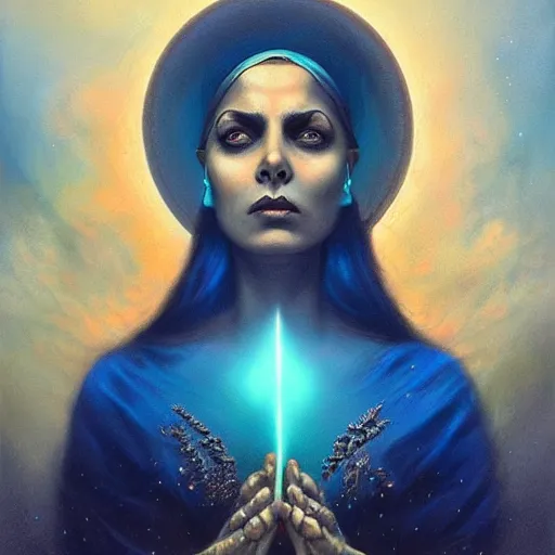 Image similar to old Desi majestic lady guru, looking upwards, despair, kneeling, mystic, blue, by Anato Finnstark, Tom Bagshaw, Brom