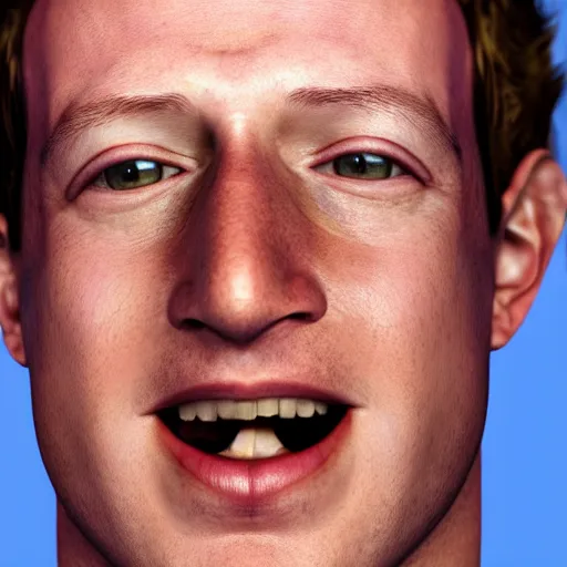 Prompt: mark Zuckerberg with large dark eye smiling at the camera, uncanny valley, cinema 4d render