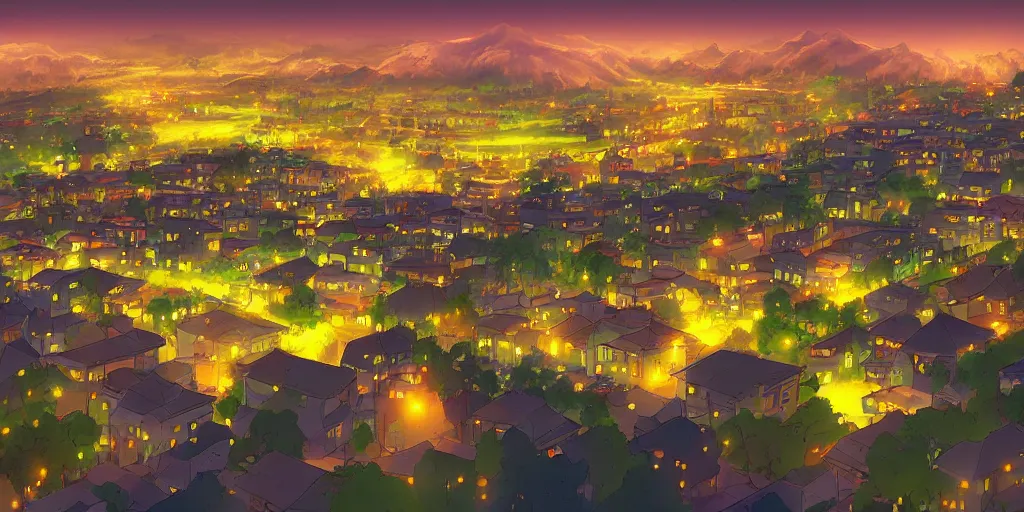 Image similar to beautiful night view of a town from a hill, award - winning digital art, anime