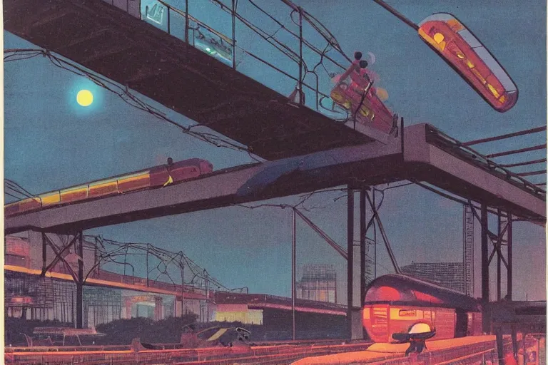 Image similar to 1 9 7 9 omni magazine cover of train bridge going above a park in osaka at night. cyberpunk style by vincent di fate