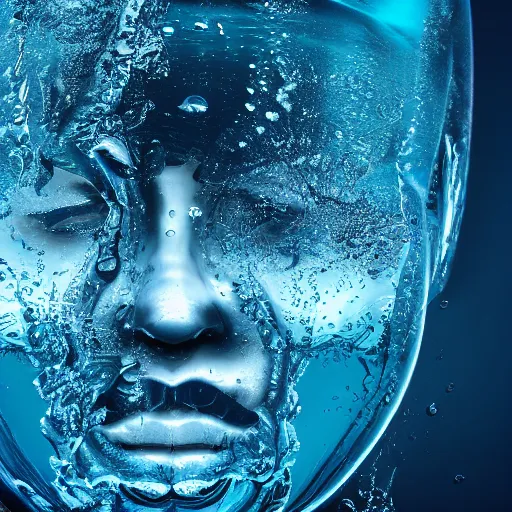 Image similar to water artwork manipulation in the shape of a human head, on the ocean water, ray tracing, realistic water sharp focus, long shot, 8 k resolution, cinematic, amazing water art