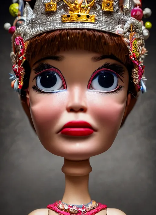 Image similar to closeup face profile portrait of tin toy bjork as a fairytale princess wearing a crown eating cakes, bikini, depth of field, zeiss lens, detailed, symmetrical, centered, fashion photoshoot, by nicoletta ceccoli, mark ryden, lostfish, breathtaking, 8 k resolution, extremely detailed, beautiful, establishing shot, artistic, hyperrealistic, octane render