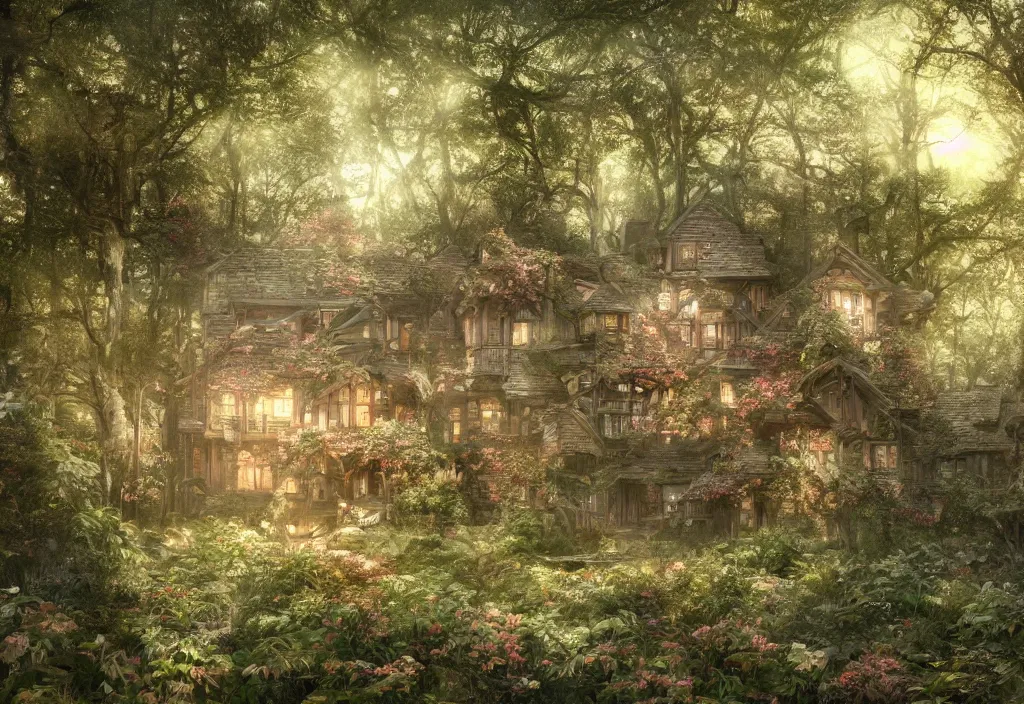 Image similar to a house sitting in a forest, wallpaper, ornate, beautiful, atmosphere, vibe, flowers, concept art illustration, color page, 4 k, tone mapping, doll, akihiko yoshida, james jean, andrei riabovitchev, marc simonetti, yoshitaka amano, digital illustration, greg rutowski, volumetric lighting, sunbeams, particles