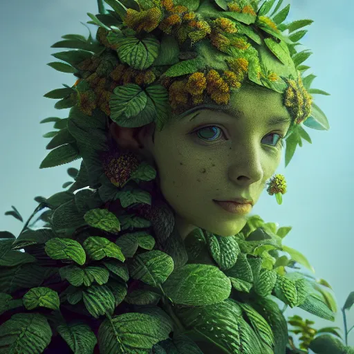 Image similar to a plant creature, foliage, plant filaments, flowers, humanoid shape, full body, photorealistic, 4 k, octane render, cinematic lighting, artistic photography, insanely detailed and intricate