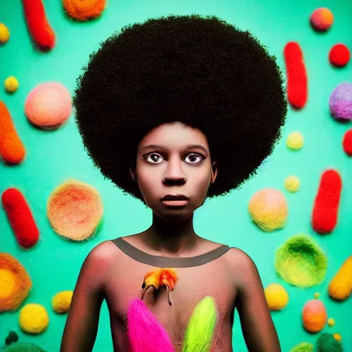 Image similar to a black girl with big cute! eyes and a colorful afro dancing in a filed of candy at sunset, bright colors, watercolor, volumetric wool felting, felt, macro photography, children illustration, global illumination, radiant light, detailed and intricate environment, by goro fujita, psychedelic surreal portrait, bokeh!!!!