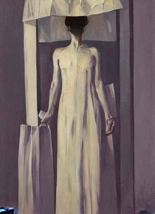 Prompt: woman in a translucent dress made from plastic bag with paper bags for clothes standing inside paper bags with paper bag over the head at store display Edward Hopper and James Gilleard, Zdzislaw Beksinski, highly detailed