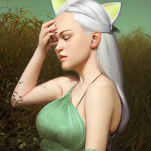 Image similar to ultra realistic illustration, dream girl with white hair, with light green eyes, with cat ears, in a sundress, intricate, elegant, highly detailed, digital painting, artstation, concept art, smooth, sharp focus, illustration, art by artgerm and greg rutkowski and alphonse mucha