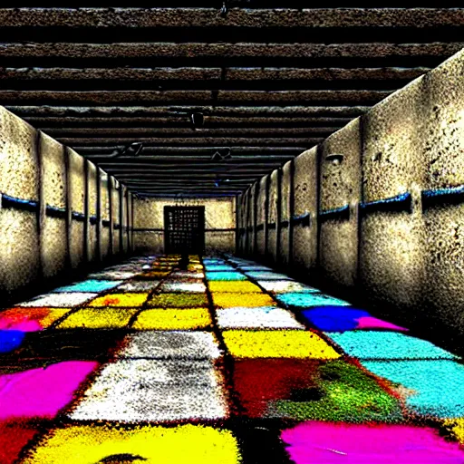 Prompt: underground prison, corroded metal bars, concrete, colorful tapestries, rugs, concept art