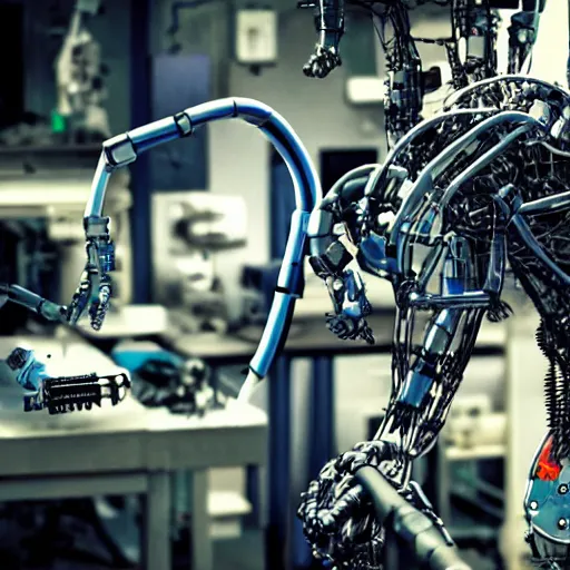 Image similar to close up shot in a cyborg repair factory, robotic arms fixing cyborgs, body parts, circuit boards, wires, biomech, by christopher nolan, panavision