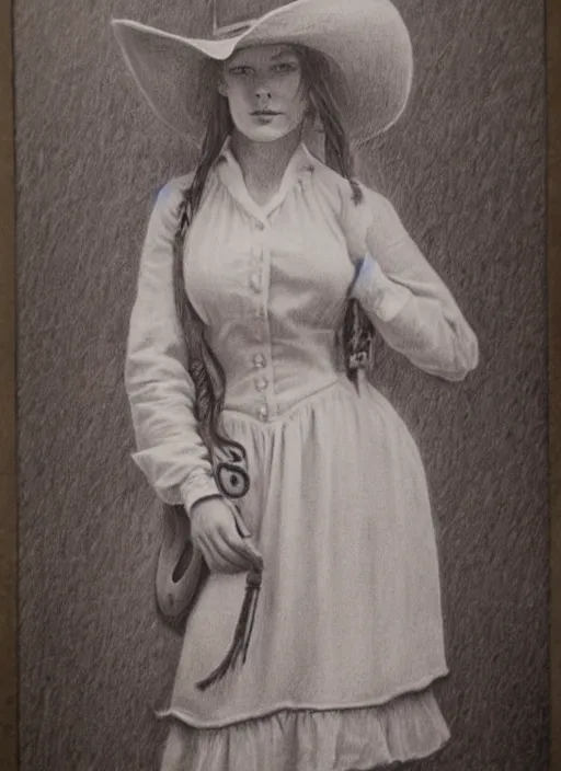 Image similar to 1 8 0 0 s style full body detailed pencil drawing of a cowgirl beautiful face, realistic