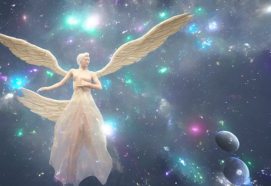 Prompt: a holographic beautiful angel floating in space reflecting the destruction of the universe, intricate unreal engine 5 creation