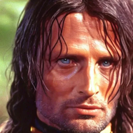 Image similar to A still of Aragorn on Star Trek: The Original Series, red shirt, sharp focus, high quality, very realistic, 4k