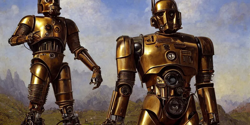 Prompt: full body rusty steel single titan colossus terminator T-800 C-3PO in pacing through valley, crossing the river, mountain valley to smoking fortress afar, with armour, artillery, muscular torso, fine art, cinematic, artstation, matte painting, masterpiece by vasnetsov and surikov, JEAN-VICTOR BERTIN
