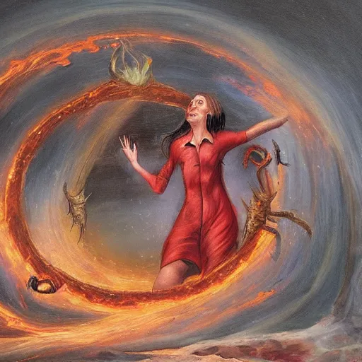 Prompt: painting of a woman falling into a portal of hell with demons surrounding her