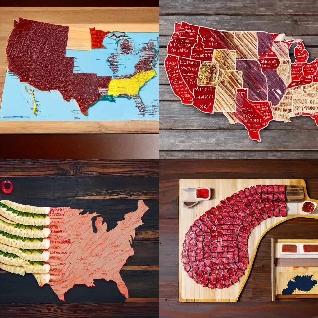 Prompt: United States map made out of sushi with a red wine next to it, on a wooden table, 4k