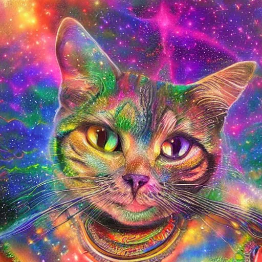 Image similar to a galaxy colored psychedelic chakra awakening kundalini ethereal portrait of a cat with her eyes closending to a higher plane of existence, eternal blessing, multiverse, by android jones, by ben ridgeway, visionary art, by artgerm, featured on artstation, cgsociety, by greg rutkowski