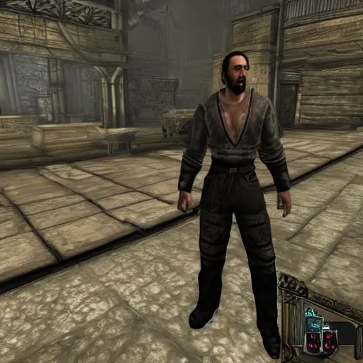 Image similar to screenshot of nicolas cage in the market district of imperial city, from elder scrolls