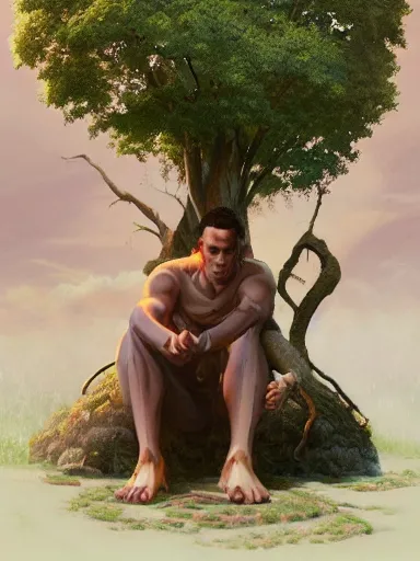 Image similar to a grumphy man, legs and arms crossed, sitting under a bodhi tree. intricate, elegant, highly detailed, digital painting, artstation, concept art, sharp focus, illustration, by justin gerard and artgerm, 8 k