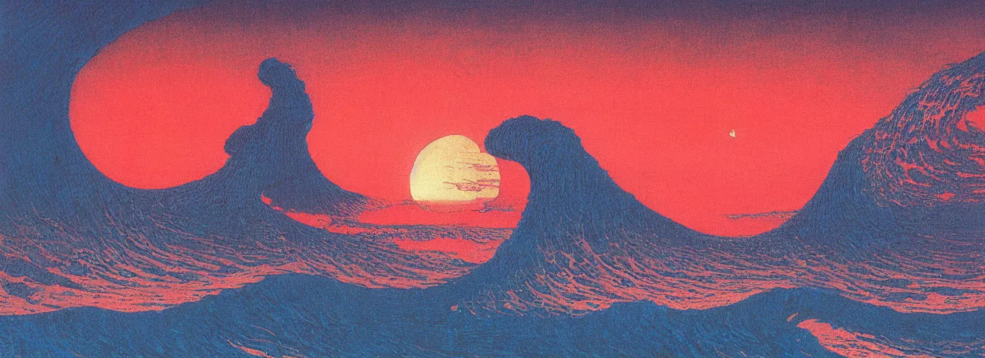 Prompt: sunset over a glowing alien ocean on another planet, katsushika hokusai, beksinski, high details, colorful, atmospheric light