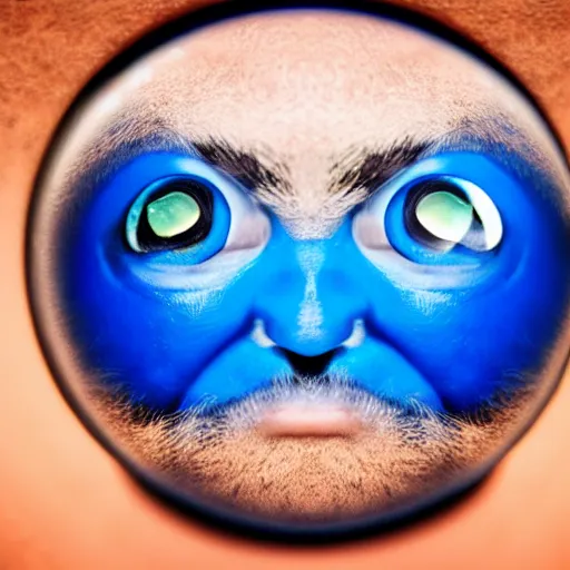 Image similar to fish eye lens close up photograph of a alien with blue skin and a goatee side eyeing the camera with a sympathetic look