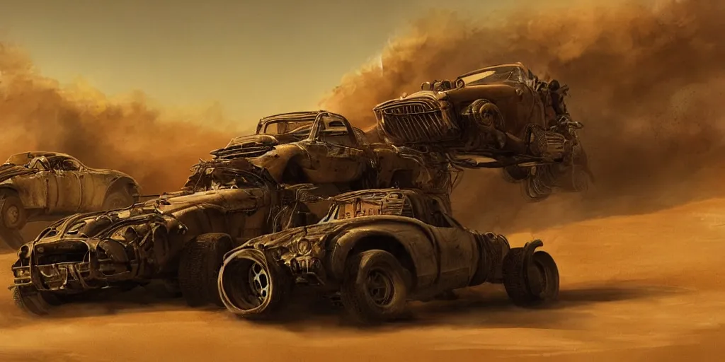 Image similar to an environmental concept art from mad max fury road, single muscle car speeding through the desert, highly detailed, cinematic, dramatic lighting by francis tneh