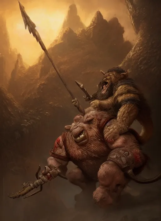 Prompt: a rat ogre choking a dwarf, warhammer, ultra detailed, fantasy, dramatic lighting, trending on artstation, award - winning, artgerm and greg rutkowski, 8 k