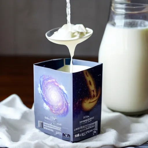 Prompt: The milky way galaxy being poured out of a milk carton